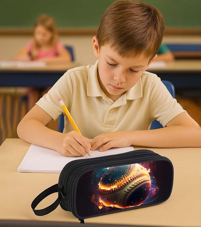 AnySmic Baseball Pencil Case for Boys and Girls, Large Pencil Pouch for Kids, Big Capacity Pen Case Pen Bag Organizer for School Student, Polyester, Double Zipper with 2 Compartments