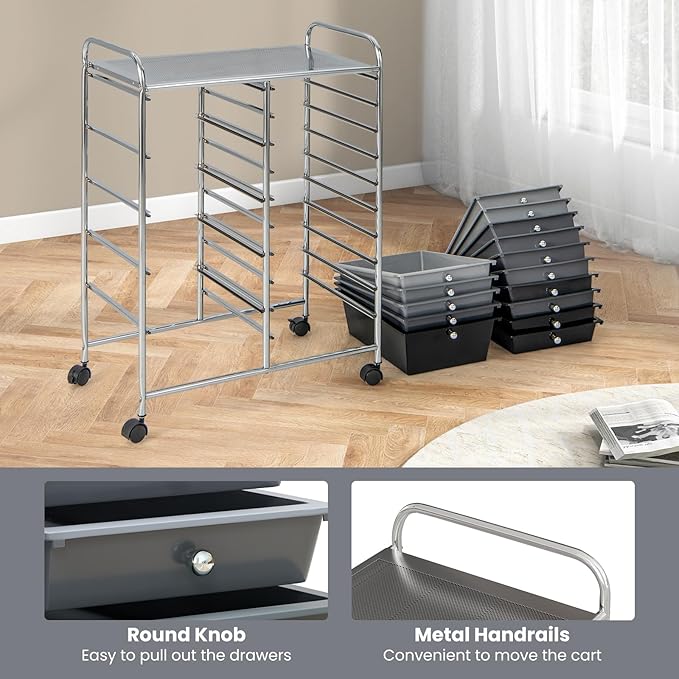 GOFLAME 15-Drawer Rolling Storage Cart, Craft Storage Cart with Removable Drawers & Lockable Wheels, Art Cart Supply Storage Organizer for Home Office Classroom, Gray Gradient