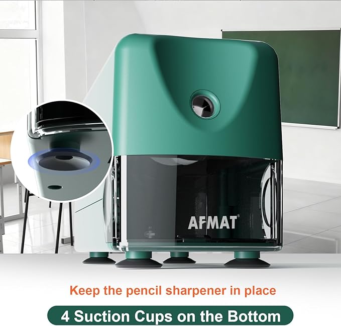 AFMAT Electric Pencil Sharpener, Cordless & Rechargeable, Heavy Duty Classroom Pencil Sharpeners for 6-11mm Pencils, Auto Stop, 2s Fast Sharpening, Battery Powered, 10,000 Sharpenings, Green, PSD3