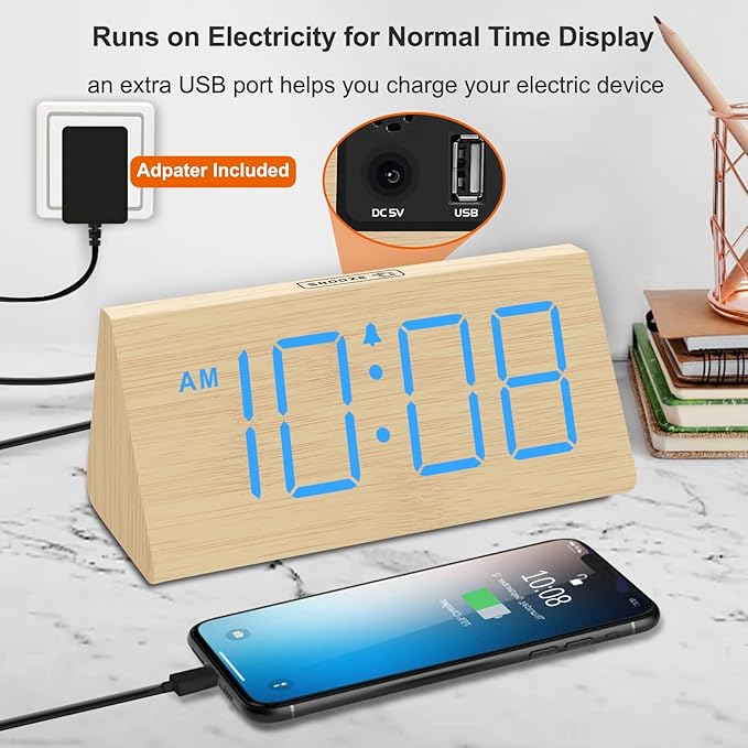 DreamSky Wooden Digital Alarm Clock for Bedroom - RGB Electric Desk Clock with Large Numbers, USB Port, Loud Alarm for Heavy Sleepers, Dimmer and Volume Control, Snooze, Wood Décor, Adapter Powered