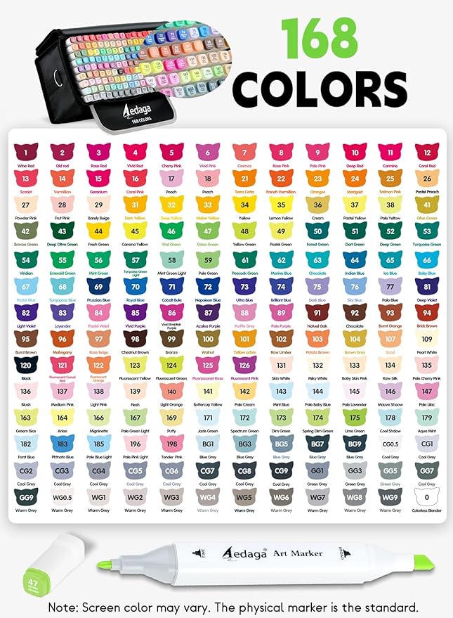 AEDAGA 168 Colors Alcohol Markers with Free App, Dual Tip Art Markers with Kickstand Case for Artists Adults, Alcohol Based Marker for Coloring Painting Sketching and Drawing, Great Gift