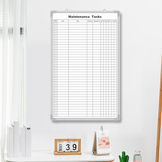 Lined Whiteboard Blank Grid Aluminum Frame Dry Erase Board Reusable Wall Mounted Board for Scheduling, to Do Lists Weekly Planning Home Work(36 x 24 Inch,Vertical Maintenance Tasks)