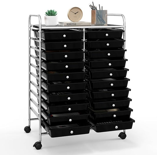 Happygrill 20-Drawer Organizer Cart Tools, Mobile Utility Storage Cart with Removable Drawers & Lockable Wheels, Rolling Storage Cart with wheels for Home Office School (Black)