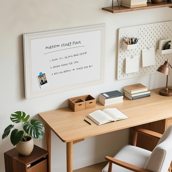 White Board for Wall, 24'' x 18'' Magnetic Dry Erase Board, Decorative Whiteboard with White Vintage Wooden Frame, Hanging Writing Board for Home Office School Dorm