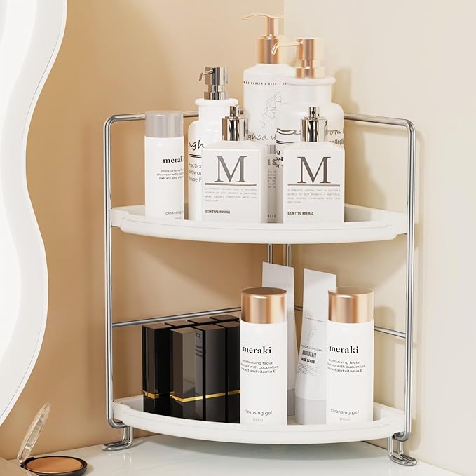 JANUS LiANG 2-Tier Corner Bathroom Countertop Organizer, Tiny Counter Corner Shelf Skincare Makeup Perfume Organizer and Organization for Kitchen (White)