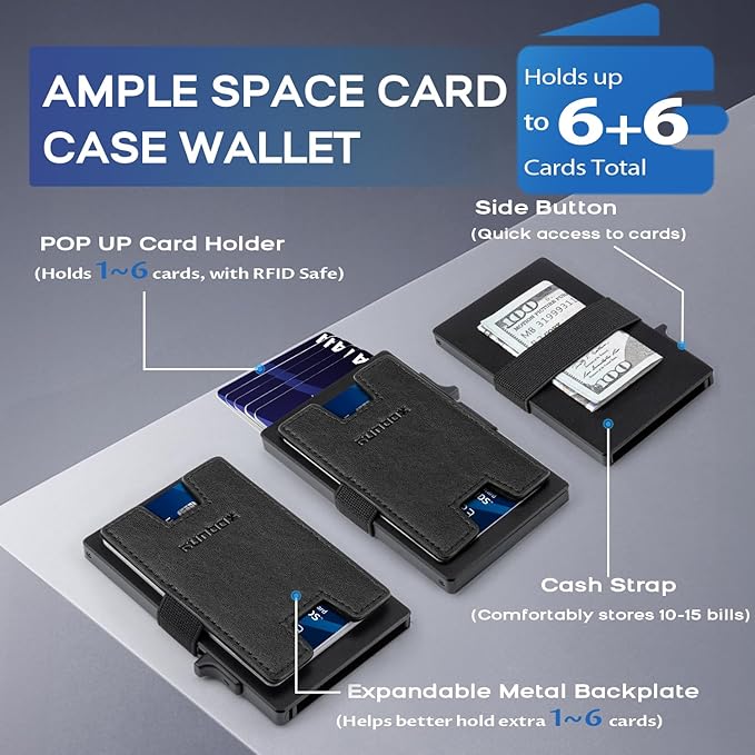 RUNBOX Slim Card Holder Wallet for Men, Minimalist RFID Blocking Wallet with Pop-Up Function, Ultra-Thin Design, Metal Business Card Cases holds 6+6 Cards, Gifts for Men, Men's Accessories