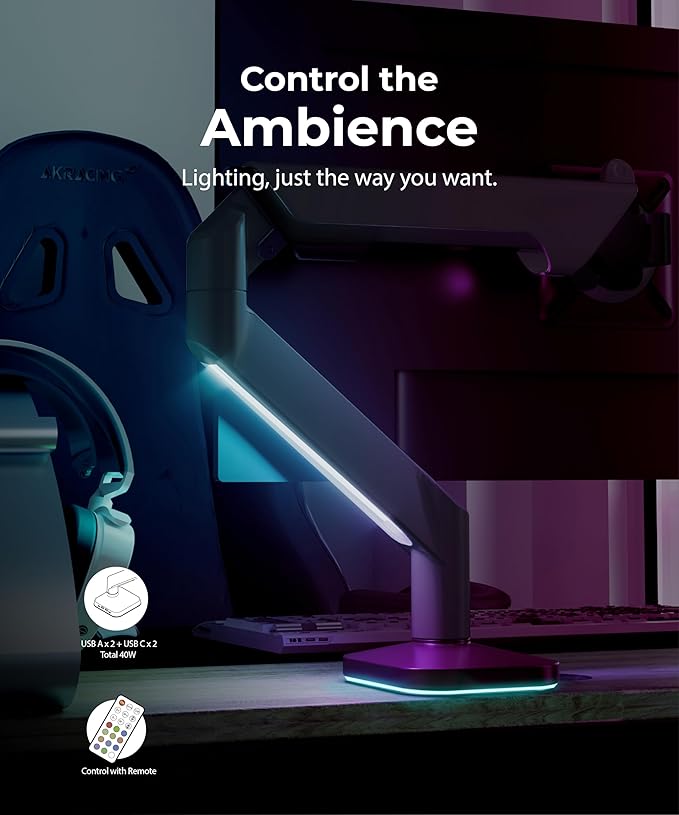 Modernsolid Heavy Duty Ultrawide Monitor Arm with RGB Lighting & USB Charging, Fits 34 to 49 inch Curved Screens, Supports 14 to 38 lbs, Adjustable Desk Mount, Compatible with Gaming Setup, White