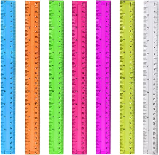 7PCS Clear Ruler, 12 Inch Plastic Rulers for School, Home, or Office, Clear Plastic Rulers, Assorted Colors.