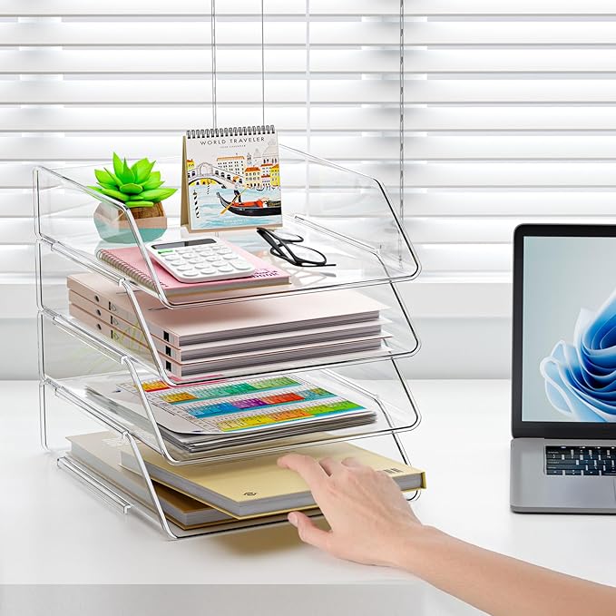 YKLSLH Simple 4 Tier Paper Organizer Letter Tray - Acrylic Stackable Desk File Organizer, Clear Paper Sorter Office Organizer for Letter/A4, Office File Ipad Books Notes Etc