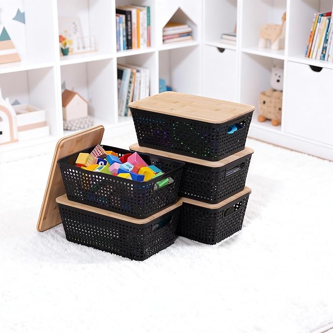 Anywish Storage Bins with Lids 6 Packs, Plastic Storage Bins with Bamboo Lids for Pantry Organization and Storage Containers for Shelves Drawers Desktop Closet Office Home, Black