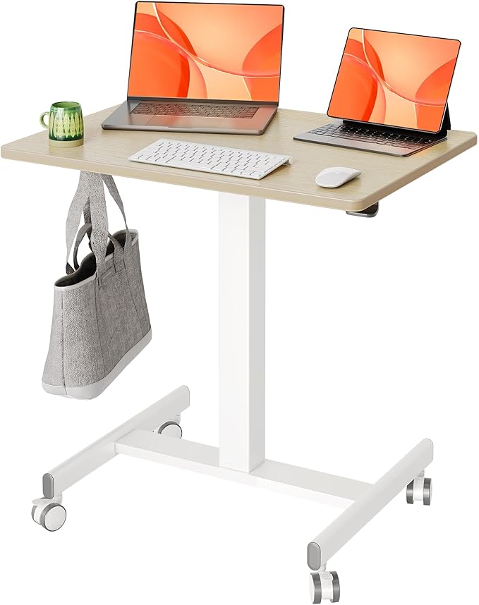 YDN Mobile Mobile Standing Desk, Adjustable Height Portable Laptop Desk with Lockable Wheels, 25.5" x 18.8" Rolling Desk with Hook for Computer Workstation, Natural