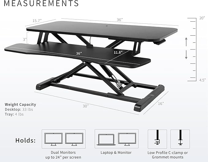 VIVO 36 inch Desk Converter, K Series, Height Adjustable Sit to Stand Riser, Dual Monitor and Laptop Workstation with Wide Keyboard Tray, Black, DESK-V036KB