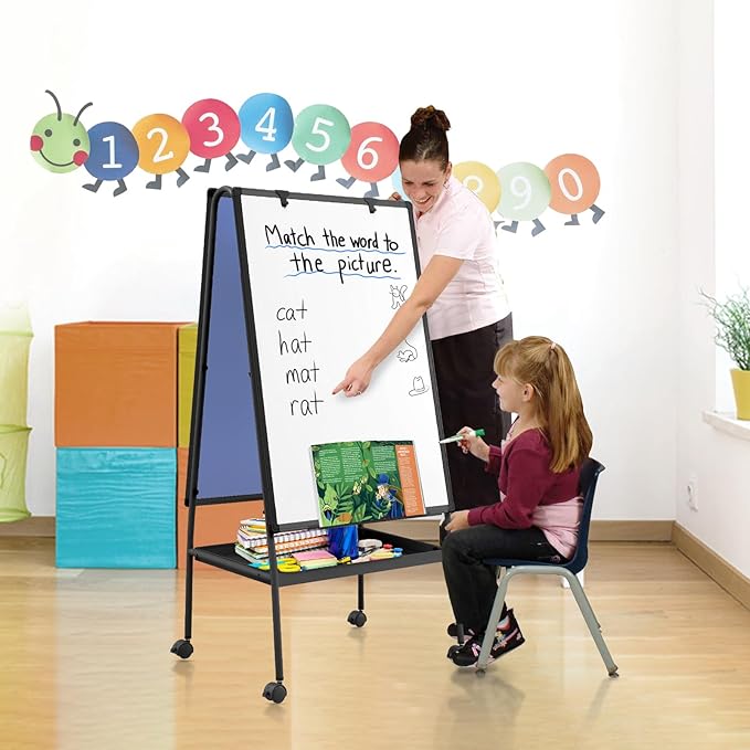 MAKELLO Rolling Whiteboard on Wheels 36x24 in, Double-Side Standing White Board Grey Bulletin Board Combo with Storage Tray for Office Classroom Commerce, Height Adjustable, Aluminum Frame, 3'x2'