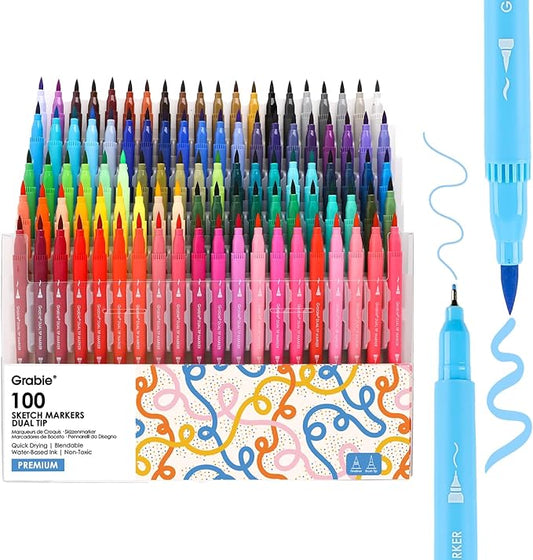 Grabie Dual Tip Water-Based Sketch Marker Set of 100, Fineliner & Brush Drawing Pens, Brush Marker Pens, 100 Colored Markers for Adult Coloring Books No Bleeding, Drawing, Sketching
