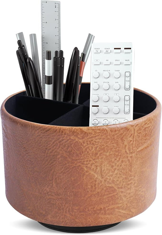 Hennaja Round Leather Art Supply Organizer,Remote Control Holder,360 Degree Spinning,Multi-Functional Pencil Holder,4 Compartments Desktop Stationary Organizer(1-Crazy Brown)
