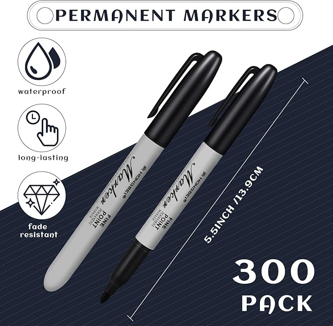 Thenshop 300 Pack Black Permanent Markers Bulk - Fine Point Permanent Marker Quick Drying Waterproof Pens for Doodling Writing Marking Classroom Work on Wood Metal Stone Glass, Office School Supplies