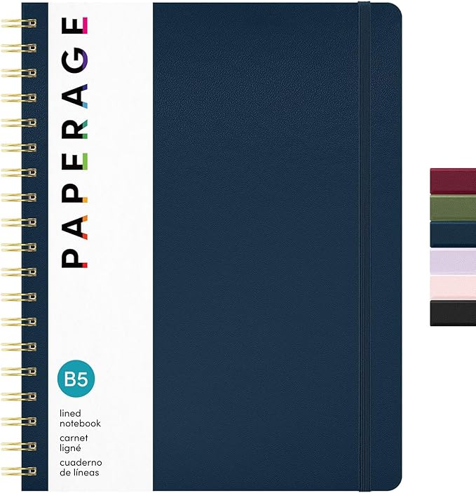 PAPERAGE Lined Spiral Journal Notebook, (Navy), 160 Pages, Large B5 Hardcover Journal for Women & Men, 10 in x 8.15 in - 100 GSM, Thick Paper, Spiral Notebook for Work, School & Journaling