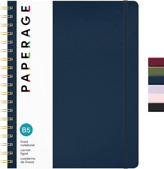 PAPERAGE Lined Spiral Journal Notebook, (Navy), 160 Pages, Large B5 Hardcover Journal for Women & Men, 10 in x 8.15 in - 100 GSM, Thick Paper, Spiral Notebook for Work, School & Journaling