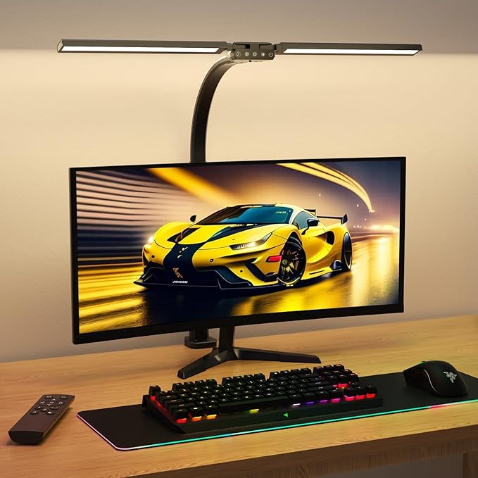 SIBRILLE LED Desk Lamp for Home Office - Remote Control Desk Light Computer Lamp with clamp, 22W, Dimmable, Color Changing, Touch Control, Height Adjustable, Black Table Task Light Bar for Work