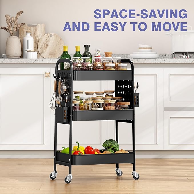 KINGRACK 3 Tier Rolling Cart with DIY Hanging Board, Metal Rolling Utility Cart with Wheels Handles Baskets Hooks, Rolling Storage Cart Suitable for Bathroom, Kitchen, Office, Nursery Diaper (Black)