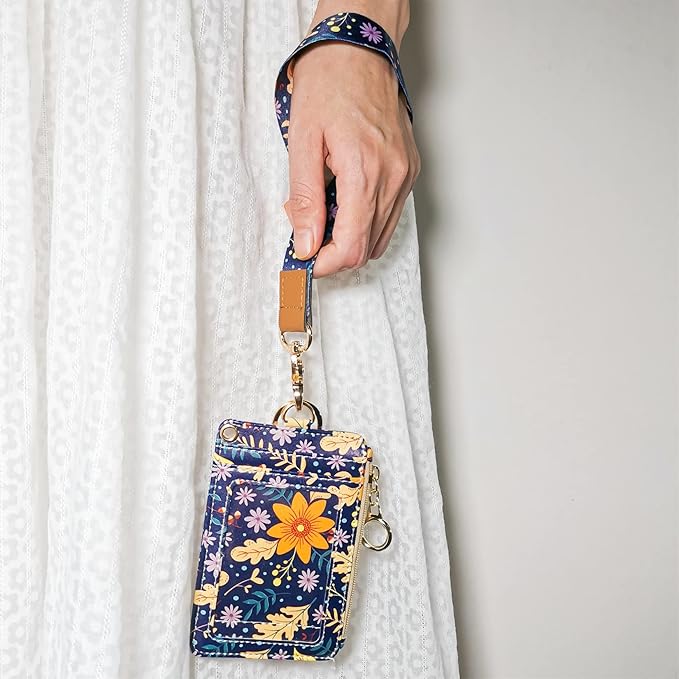 Lanyard Wallet,Wallet Lanyard,lanyards for id Badges,lanyards for id Badges for Women,Lanyard Wallet for Women,Fashion Badge Holder with Zipper（Autumn Sunflower）