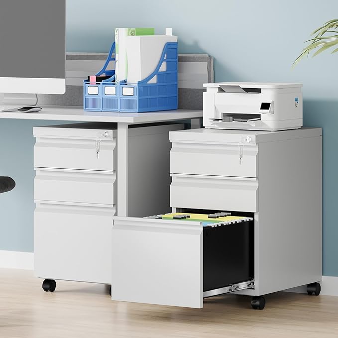 AFAIF 3 Drawer Mobile File Cabinet with Lock, Rolling File Cabinets for Home Office, Under Desk Small File Caninet on wheels, Metal Vertical White Filing Cabnet for Legal/Letter/A4 - Assembly Required