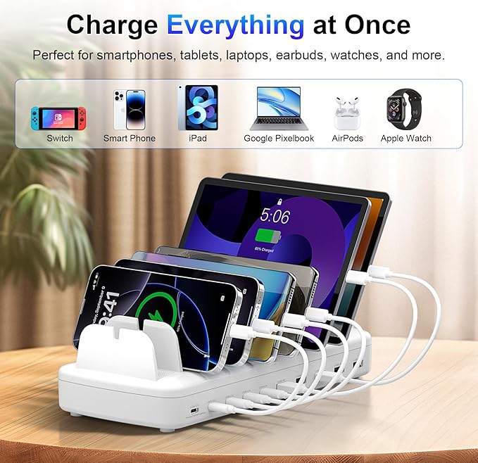 510W Fast Charging Station for Multiple Devices, 10 Port USB C Charger Station with Flame-Retardant Material & 8 Cables for iPhone, Android, iPad, Tablets, Family Office Desk Charging Dock Organizer