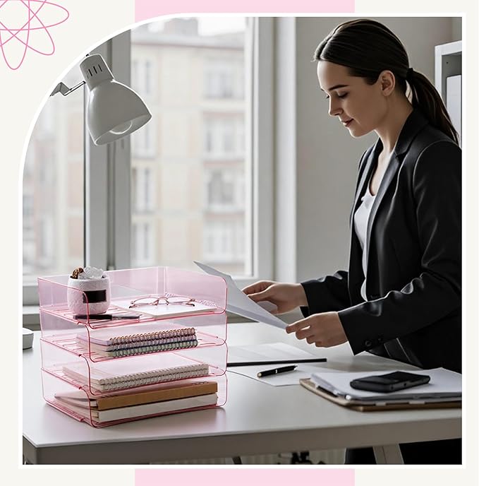 Harloon 4 Tier Acrylic Paper Tray 13 x 9.8 x 3 Inches Stackable Letter Clear Organizer No Need to Assemble Acrylic Paper Organizer File Tray for Office Workspace Desktop Storage (Transparent Pink)