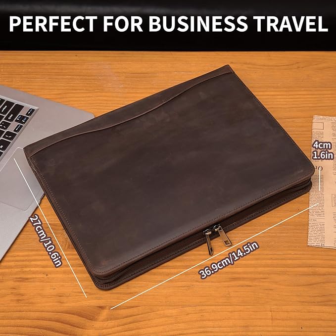 Geslun Personalized Genuine Leather Portfolio, Legal Size 8.5 x 14 Pad Holder, Custom Engraved Business Padfolio for Men Women, Zippered 14" Laptop Organizer, Professional Notepad Folio, Dark Brown