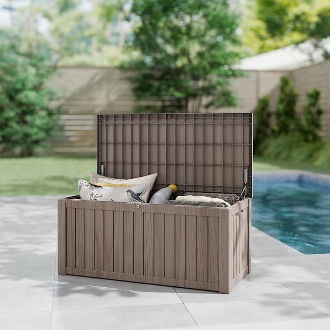 Yardgrace 150 Gallon Outdoor Storage Box Waterproof, Resin Deck Boxes with Lockable Lid & UV-Resistant for Patio, Pool, Garden Furniture Cushions & Accessories, Coffee