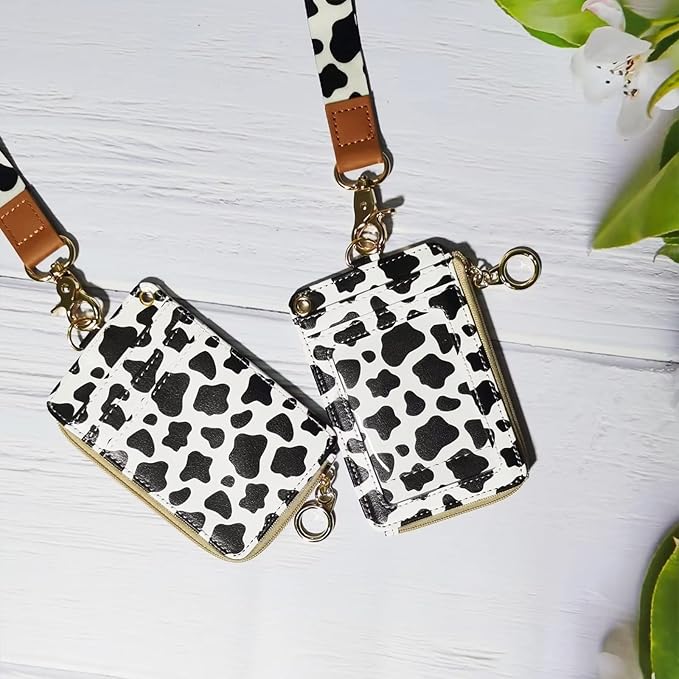 Cow Print Badge Holder,Leather Id Badge Holders with Breakaway Lanyards,Wallet Lanyards for Id Badges for Women Men Woker Office Nurse School Teacher Student