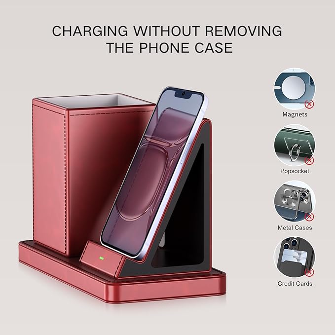 LADSTAG Desk Organizer with Phone Holder,Red Multi-Functional Pencil Holder for Desk, Desk Organizers and Accessories for Office Art Supplies,Desk Phone Stand Charger for Desktop/Counter
