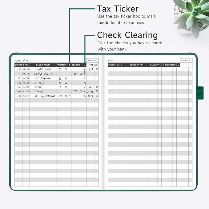 KUMEER Check Register – Elegant Check Registers for Personal Checkbook with Check & Transaction Registers, Hardcover Checkbook Log 5.2x7.6" (Earth Green)