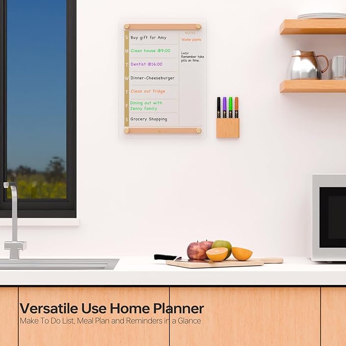 Clear Gold Glass Weekly Dry Erase Calendar Whiteboard with Wood Decoration for Wall, Menu & Meal Planner White Board for Home Kitchen, 15x11, Wood Marker Holder and 4 Markers Included, Yeoux