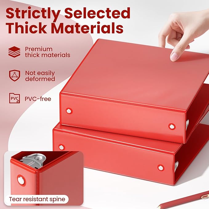SUNEE 3 Ring Binder 2 Inch 1 Pack, Clear View Three Ring PVC-Free (Fit 8.5x11 Inches) for School or Office Supplies, Red