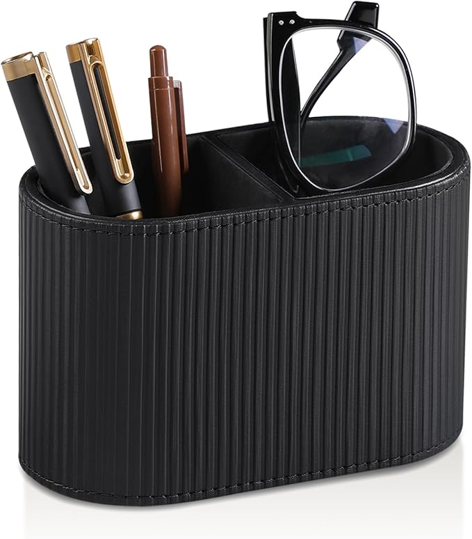 MEIBOOCH PU Leather Pen Holder for Desk, Small Remote Control Holder Pencil Cup Multifunctional Desktop Organizer Caddy for Home School Office Desk Accessories - 2 Compartments (Black Ribbed Texture)