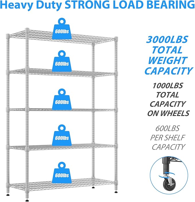 Homdox 5 Tier Storage Racks and Shelving, 24"x60"x82" Heavy Duty Metal Shelves for Storage, 3000LBS Commercial Adjustable Wire Shelving Unit on Wheels for Garage, Pantry, Kitchen, Warehouses, Chrome