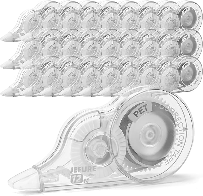 JEFURE 30 Pcs Correction Tape, 39.4 Ft White Wrong Out Tear-Resistant Bulk, Instant Corrections Easy To Use Applicator for School, Office, Note Taking, Journal (Tape Width 0.2 in, Clear)