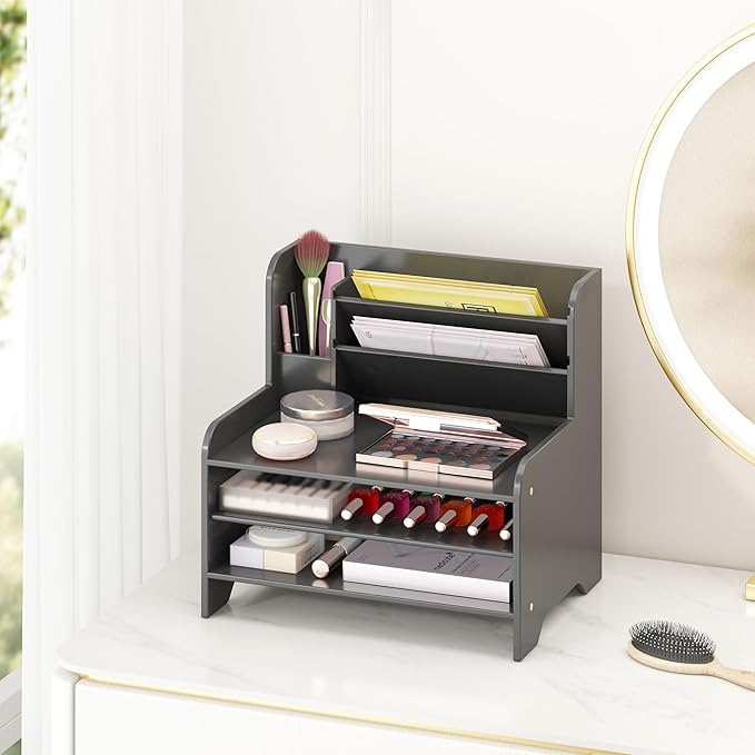 Wisuce Essentials Bamboo Desk Organizer Mail Holder Countertop Letter Tray File Desktop Mail Holder Countertop Organizer for Desktop Letter Sorter Paper File Storage for School Home Office Supplies