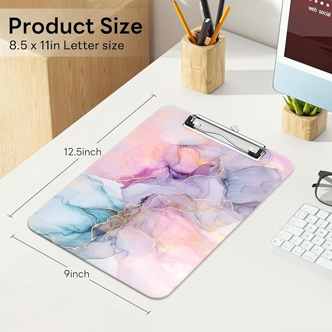 Luminzo Plastic Cute Clipboard Low-Profile Metal Clip, A4 Letter Size 9 x 12.5 in, 8.5 x 11 Paper Clip Board for Teachers, Nurses, Classroom,Pink Dream Marble