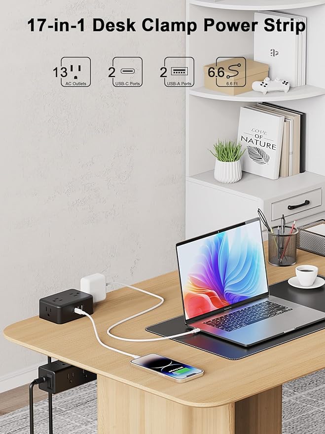 Desk Clamp Power Strip 13 Outlet 2USB-C Ports,2 USB-A Ports,Desktop Edge Mount Outlet Spaced Surge Protector Fast Charging Station, 6.6 Ft Extension Cord for Office Home.