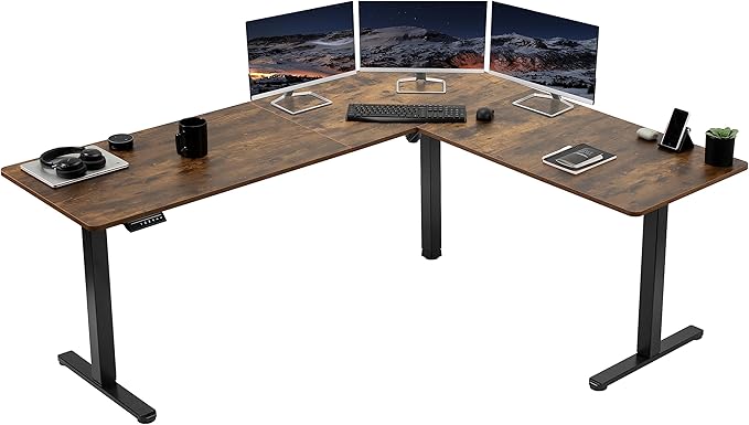 VIVO Electric Corner 75 x 63 inch L-Shaped Standing Desk, Memory Height Adjustment, Rustic Vintage Brown Top Black Frame, DESK-E3CTN-75