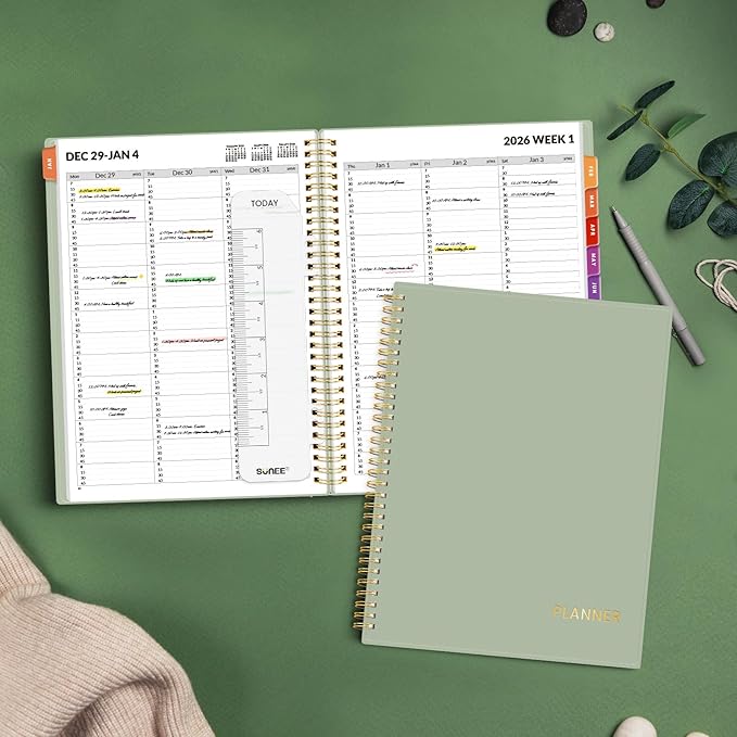 SUNEE 2026 Appointment Book, Quarter-Hourly, Weekly & Monthly - from January 2026 - December 2026, 8.5"x11" Weekly Planner, Flexible Cover, Note Pages, Pockets, Bookmark, Spiral Binding, Green