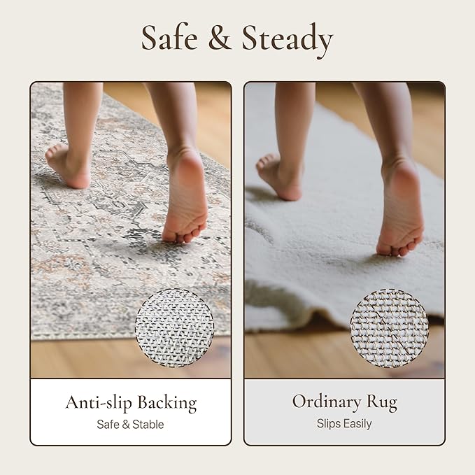 GENIMO Runner Rug 2x6 Non Slip Machine Washable Vintage Hallway Runner Rug, Low PileLightweight Rugs for Entryway, Hallway, Kitchen and Corridor, Light Taupe Brown