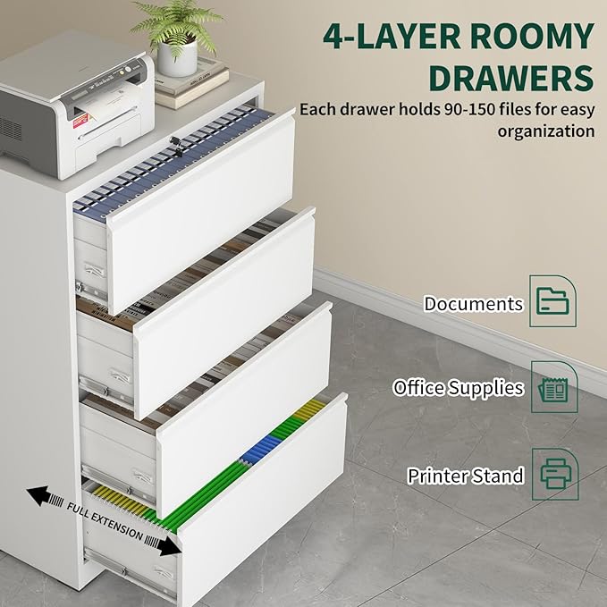 4 Drawer Lateral File Cabinet with Lock, Metal File Cabinets for Home Office, Office Furniture for Organization Hanging Legal/Letter/A4, Metal Filing Cabinet Storage Cabinet, Require Assembly, White