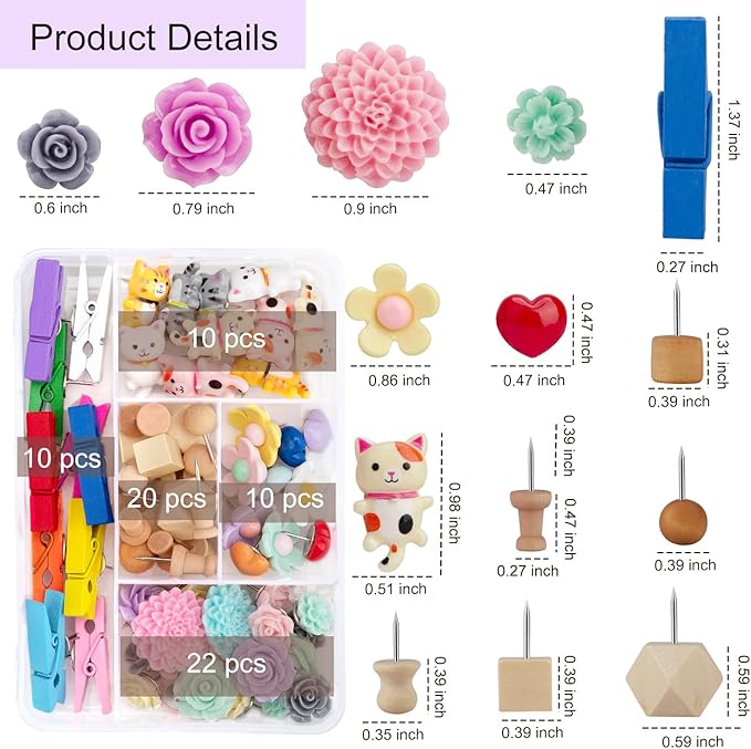 72PCS Push Pins Cute Cat Thumb Tacks Decorative Push Pins Wood Pin Board Tacks Assorted Colors Flower Push Pin Clips for Cork Board Wall Cubicle Accessories for Home Office Cute Desk Accessories