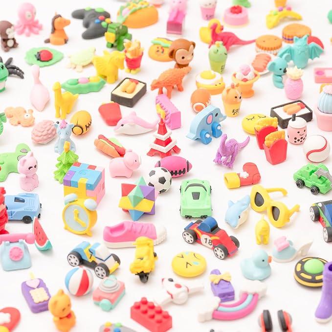 CLOCK KING 182pcs 3D Cute Kids Erasers, Random Desktop Pet Toys Gifts, Classroom Rewards Kids Party Gifts, Various Styles Such as Animals, Food, Plants, Space, Princess, Sports, Halloween, Christmas