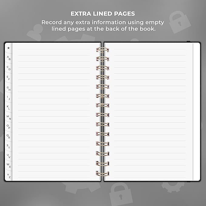 Clever Fox Password Book Spiral – Internet Address & Password Organizer with Laminated Alphabetical Tabs – Password Keeper Journal – Hardcover, Medium Size, 6.1x7.7” (Black)