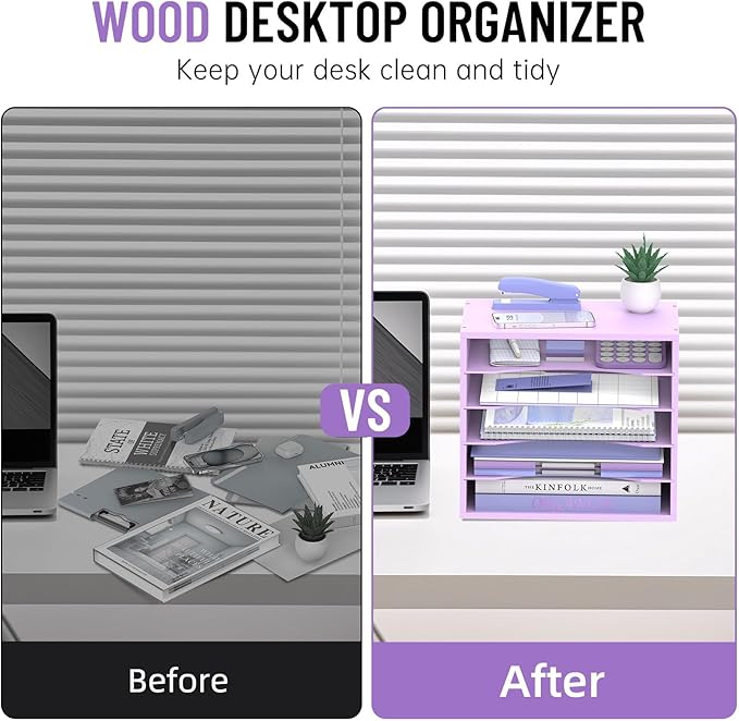 SHARKWOODS 5-Tier Wood Desk Organizer, Paper Tray Organizer for Desk with Adjustable Storage Shelves, Desktop File Organization Paper Sorter Mail Holder for Office Home Classroom, Purple