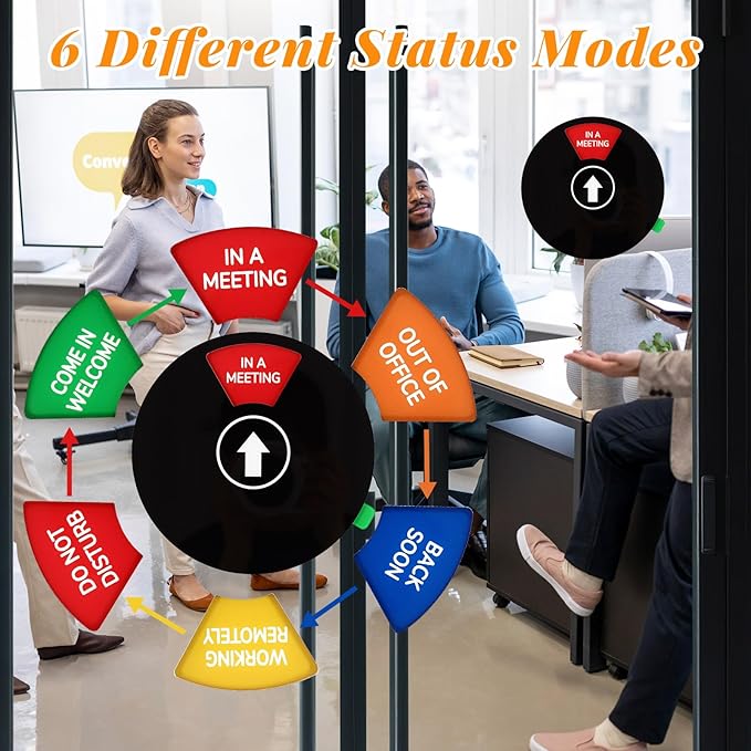 Office Door Sign, Black Rotating Status Door Sign with 6 Options - Do Not Disturb/Out of Office/In a Meeting/Come in Welcome/Working Remotely/Back Soon, 6 Inch Round Privacy Signs (Black)